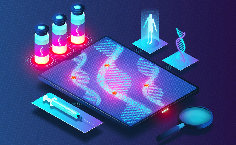 Illustration conceptuelle d’instruments médicaux, tels que des flacons et une seringue, attachés à une tablette électronique.